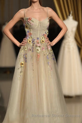 Ankle Length Tulle Straps Semi Formal Prom Dress with Flowers, A Line Party Gown